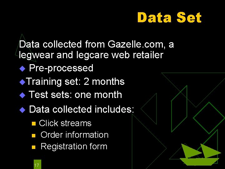 Data Set Data collected from Gazelle. com, a legwear and legcare web retailer u