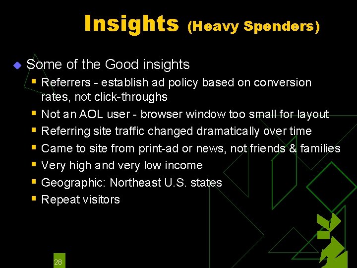 Insights u (Heavy Spenders) Some of the Good insights § Referrers - establish ad