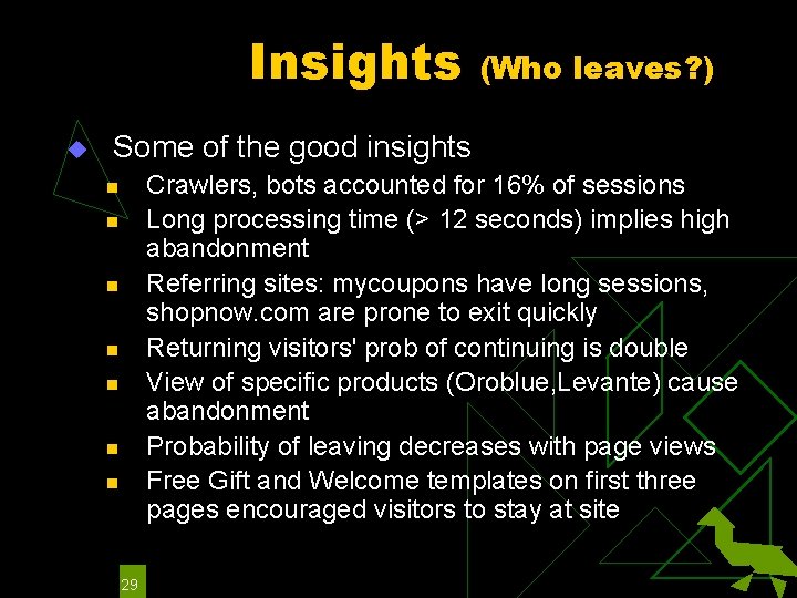 Insights u (Who leaves? ) Some of the good insights Crawlers, bots accounted for