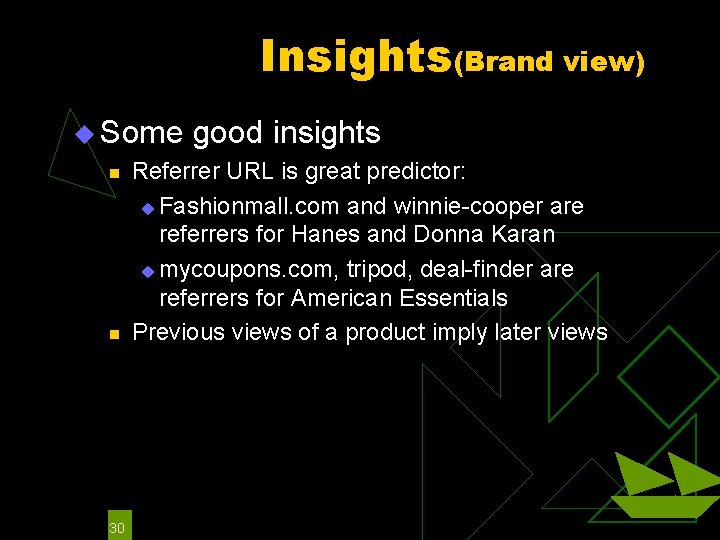 Insights(Brand view) u Some good insights n n 30 Referrer URL is great predictor: