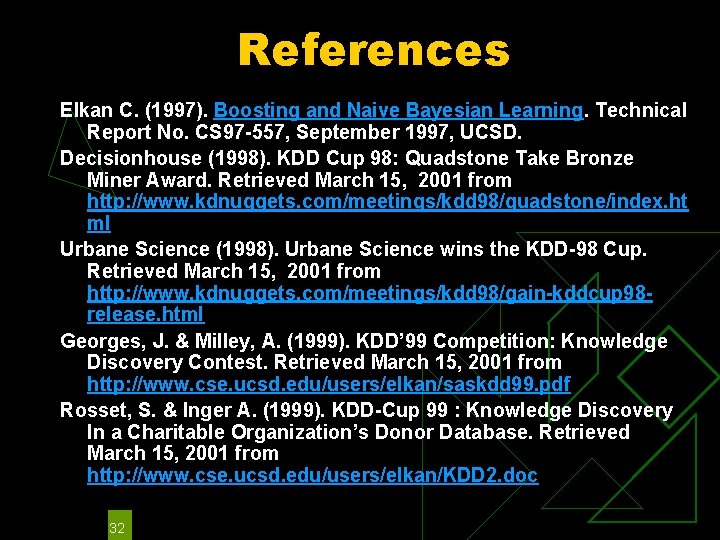 References Elkan C. (1997). Boosting and Naive Bayesian Learning. Technical Report No. CS 97