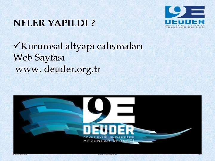 NELER YAPILDI ? üKurumsal altyapı çalışmaları Web Sayfası www. deuder. org. tr 10. 3.