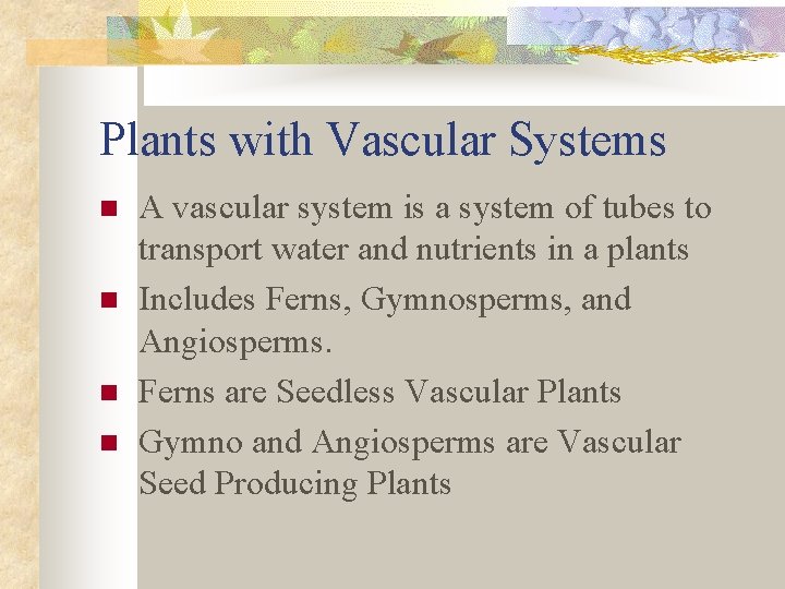Plants with Vascular Systems n n A vascular system is a system of tubes