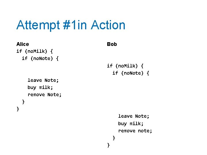 Attempt #1 in Action Alice if (no. Milk) { if (no. Note) { Bob