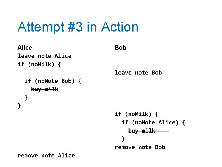 Attempt #3 in Action Alice leave note Alice if (no. Milk) { Bob leave