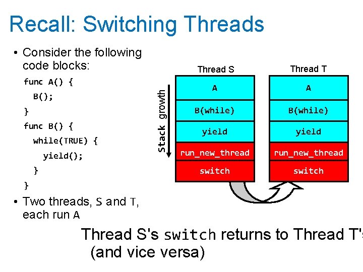 Recall: Switching Threads • Consider the following code blocks: B(); } func B() {