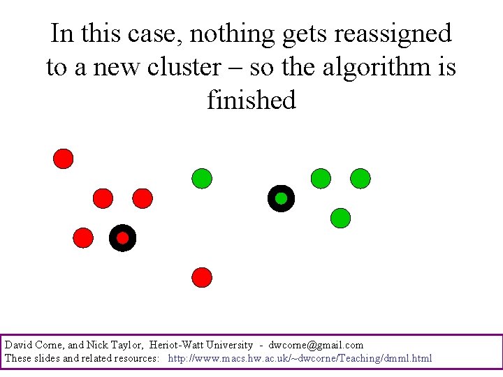 In this case, nothing gets reassigned to a new cluster – so the algorithm