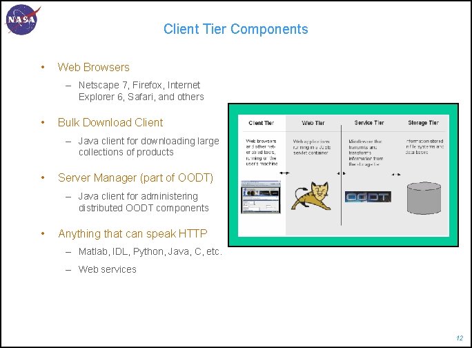 Client Tier Components • Web Browsers – Netscape 7, Firefox, Internet Explorer 6, Safari,