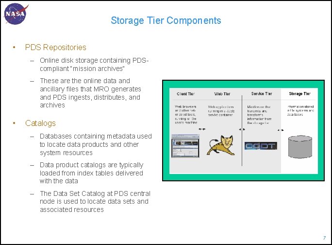 Storage Tier Components • PDS Repositories – Online disk storage containing PDScompliant “mission archives“