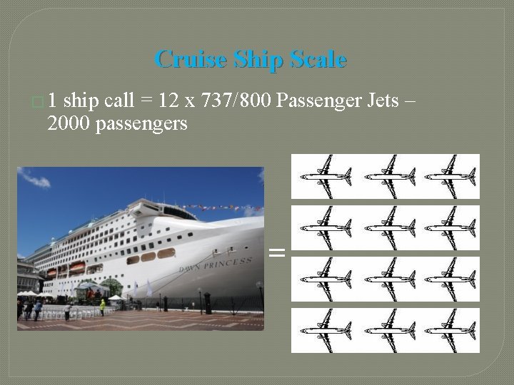 Cruise Ship Scale � 1 ship call = 12 x 737/800 Passenger Jets –