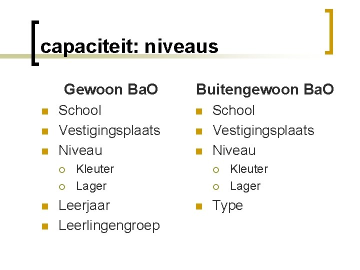 capaciteit: niveaus Gewoon Ba. O n n n School Vestigingsplaats Niveau ¡ ¡ n capaciteit: niveaus Gewoon Ba. O n n n School Vestigingsplaats Niveau ¡ ¡ n