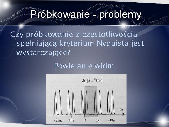 Próbkowanie - problemy Czy próbkowanie z częstotliwością spełniającą kryterium Nyquista jest wystarczające? Powielanie widm