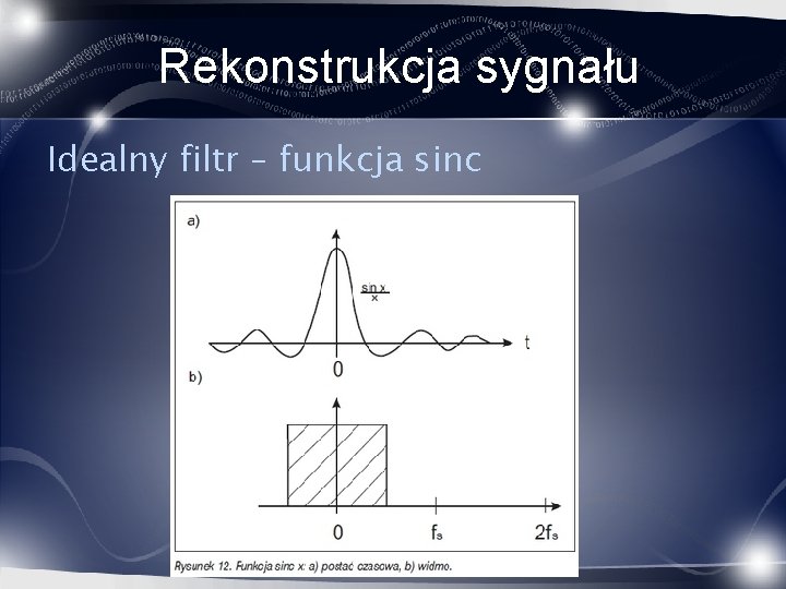 Rekonstrukcja sygnału Idealny filtr – funkcja sinc 