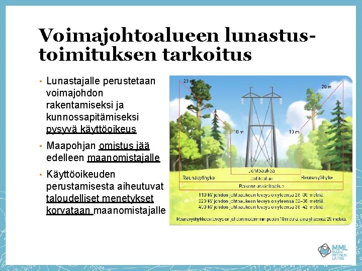 Voimajohtoalueen lunastustoimituksen tarkoitus • Lunastajalle perustetaan voimajohdon rakentamiseksi ja kunnossapitämiseksi pysyvä käyttöoikeus • Maapohjan