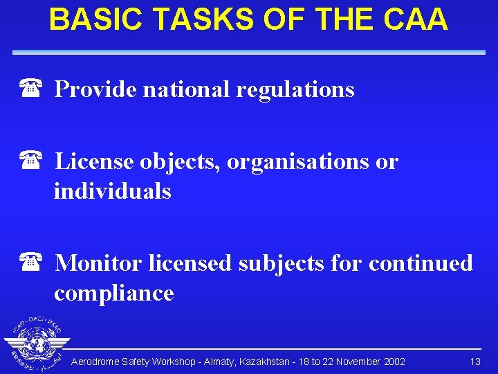 BASIC TASKS OF THE CAA ( Provide national regulations ( License objects, organisations or