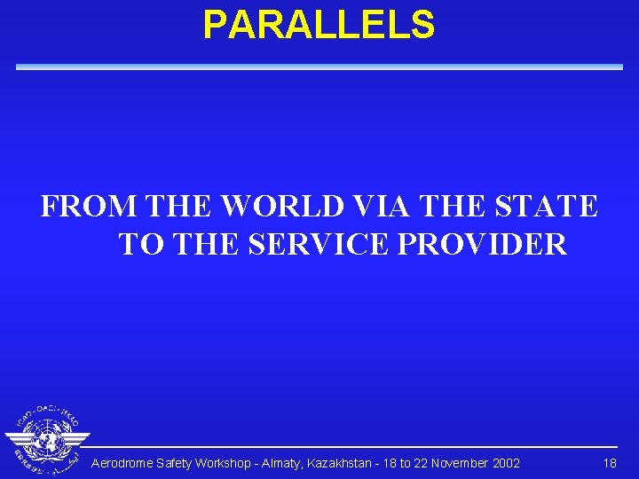 PARALLELS FROM THE WORLD VIA THE STATE TO THE SERVICE PROVIDER Aerodrome Safety Workshop