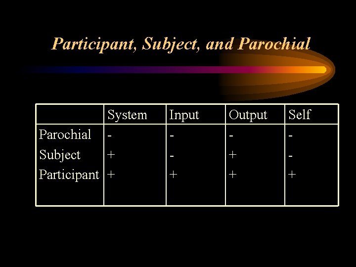 Participant, Subject, and Parochial System Parochial Subject + Participant + Input + Output +