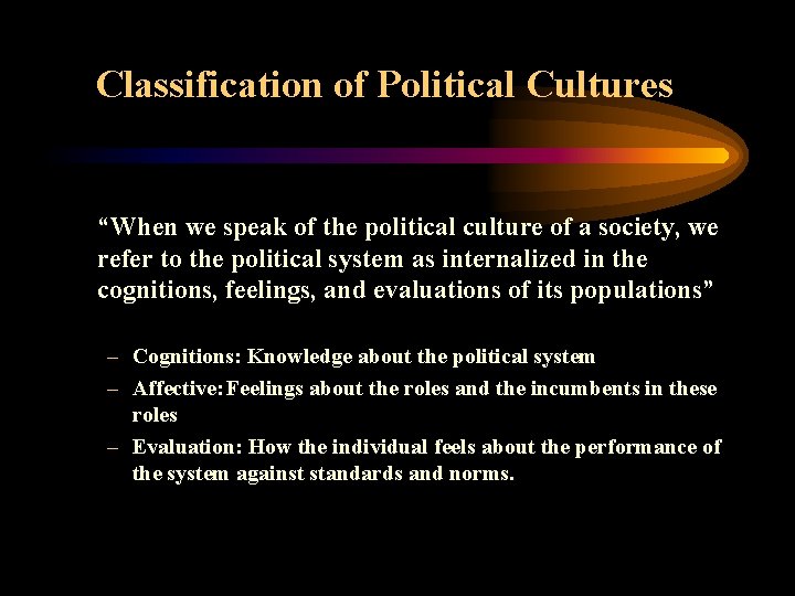 Classification of Political Cultures “When we speak of the political culture of a society,