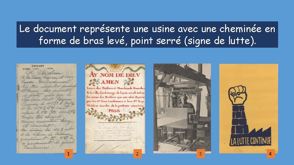 Le document représente une usine avec une cheminée en forme de bras levé, point