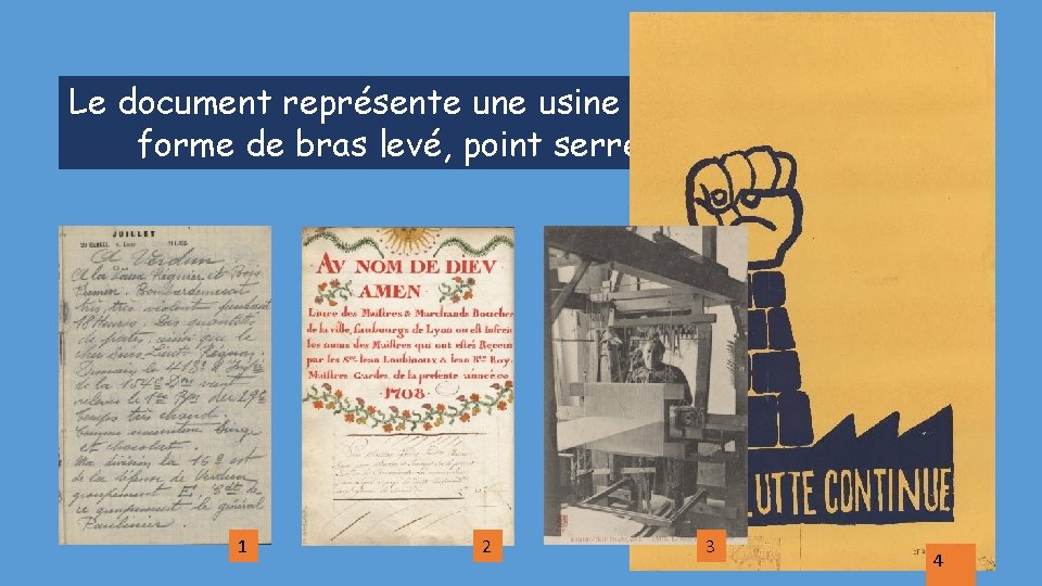 Le document représente une usine avec une cheminée en forme de bras levé, point