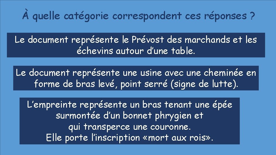 À quelle catégorie correspondent ces réponses ? Le document représente le Prévost des marchands