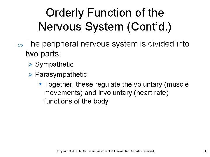 Orderly Function of the Nervous System (Cont’d. ) The peripheral nervous system is divided