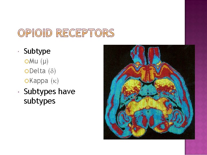 Subtype Mu (µ) Delta ( ) Kappa ( ) Subtypes have subtypes Subtype Mu (µ) Delta ( ) Kappa ( ) Subtypes have subtypes