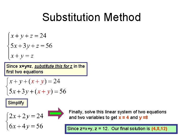 Substitution Method Since x+y=z, substitute this for z in the first two equations Simplify