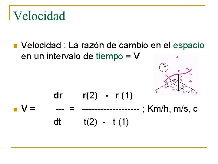 Velocidad n n Velocidad : La razón de cambio en el espacio en un