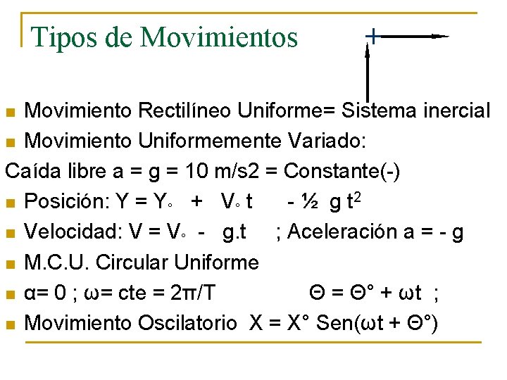 Tipos de Movimientos + Movimiento Rectilíneo Uniforme= Sistema inercial n Movimiento Uniformemente Variado: Caída