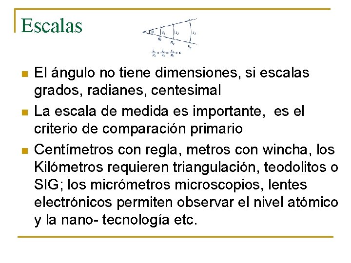 Escalas n n n El ángulo no tiene dimensiones, si escalas grados, radianes, centesimal