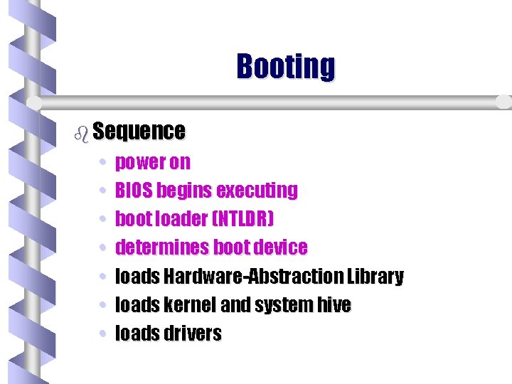 Booting b Sequence • • power on BIOS begins executing boot loader (NTLDR) determines