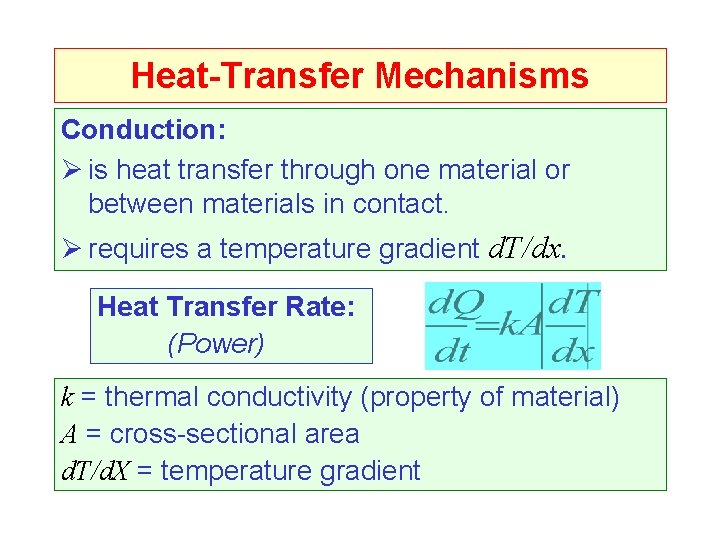 Heat-Transfer Mechanisms Conduction: Ø is heat transfer through one material or between materials in