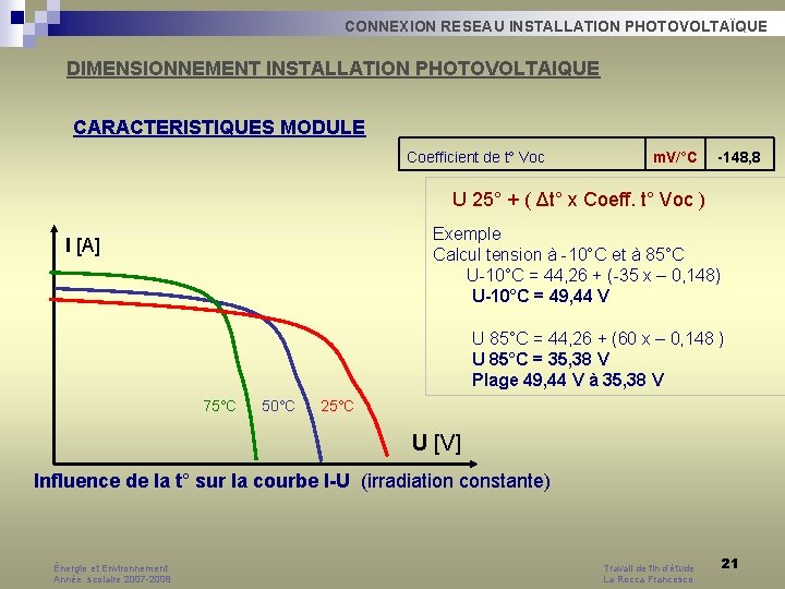 CONNEXION RESEAU INSTALLATION PHOTOVOLTAÏQUE DIMENSIONNEMENT INSTALLATION PHOTOVOLTAIQUE CARACTERISTIQUES MODULE Coefficient de t° Voc m. CONNEXION RESEAU INSTALLATION PHOTOVOLTAÏQUE DIMENSIONNEMENT INSTALLATION PHOTOVOLTAIQUE CARACTERISTIQUES MODULE Coefficient de t° Voc m.