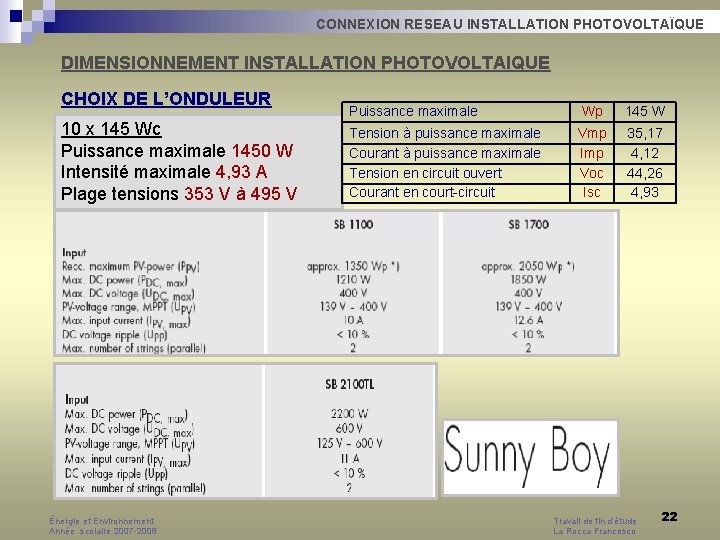CONNEXION RESEAU INSTALLATION PHOTOVOLTAÏQUE DIMENSIONNEMENT INSTALLATION PHOTOVOLTAIQUE CHOIX DE L’ONDULEUR 10 x 145 Wc CONNEXION RESEAU INSTALLATION PHOTOVOLTAÏQUE DIMENSIONNEMENT INSTALLATION PHOTOVOLTAIQUE CHOIX DE L’ONDULEUR 10 x 145 Wc
