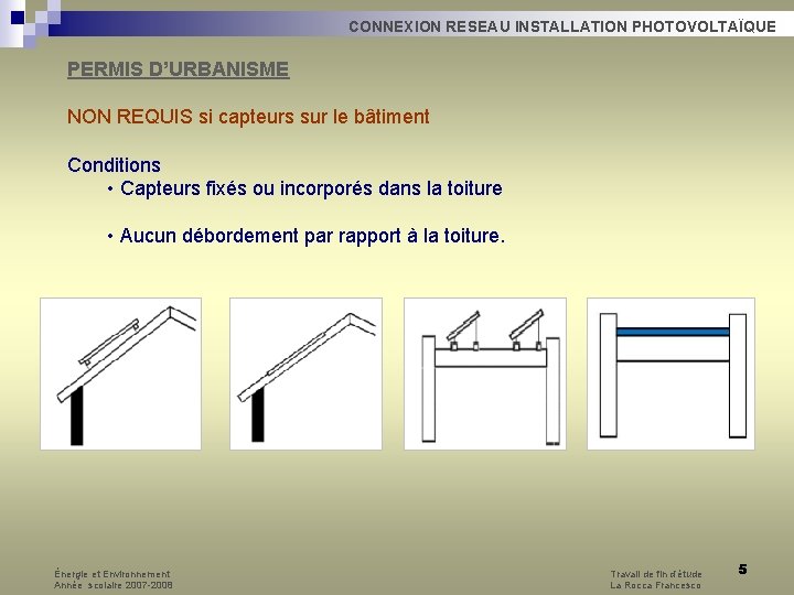 CONNEXION RESEAU INSTALLATION PHOTOVOLTAÏQUE PERMIS D’URBANISME NON REQUIS si capteurs sur le bâtiment Conditions CONNEXION RESEAU INSTALLATION PHOTOVOLTAÏQUE PERMIS D’URBANISME NON REQUIS si capteurs sur le bâtiment Conditions