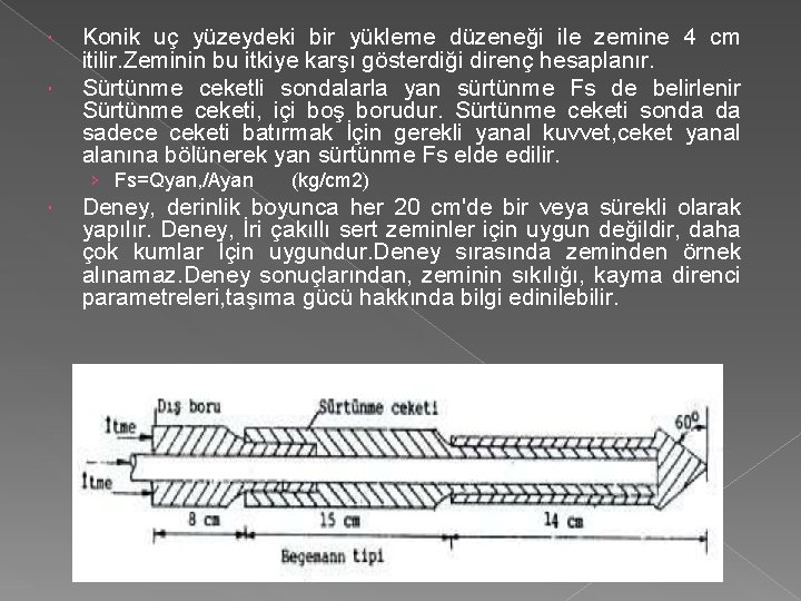  Konik uç yüzeydeki bir yükleme düzeneği ile zemine 4 cm itilir. Zeminin bu