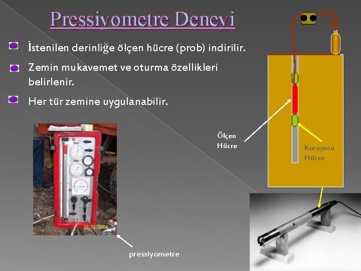 Pressiyometre Deneyi İstenilen derinliğe ölçen hücre (prob) indirilir. Zemin mukavemet ve oturma özellikleri belirlenir.