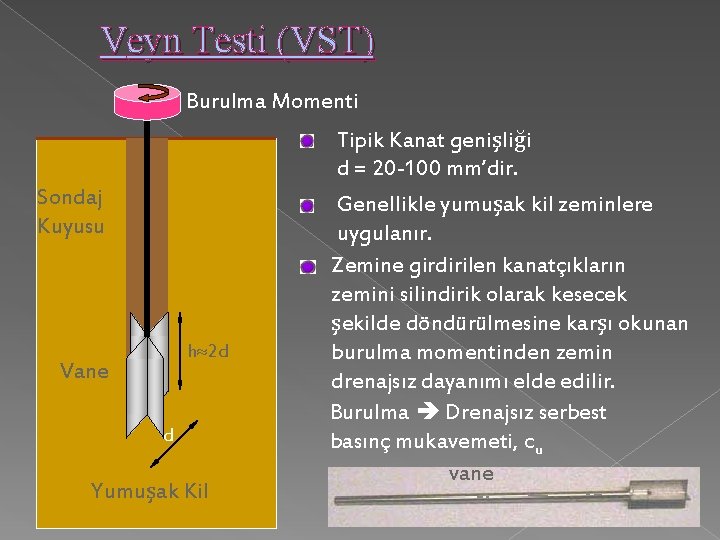 Veyn Testi (VST) Burulma Momenti Sondaj Kuyusu h 2 d Vane d Yumuşak Kil