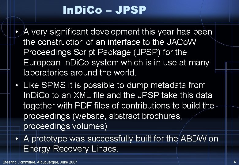 In. Di. Co – JPSP • A very significant development this year has been