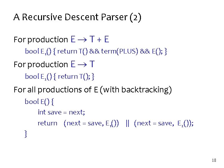 A Recursive Descent Parser (2) For production E T + E bool E 1()