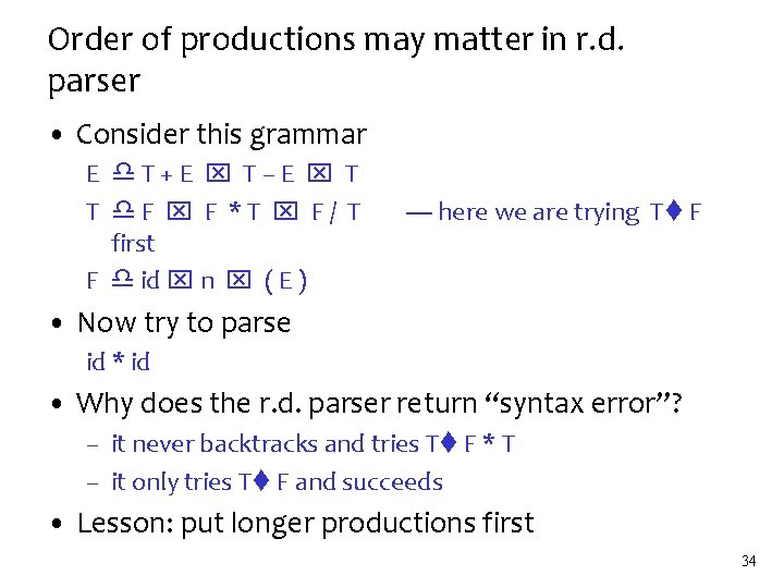 Order of productions may matter in r. d. parser • Consider this grammar E