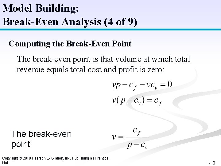 Model Building: Break-Even Analysis (4 of 9) Computing the Break-Even Point The break-even point