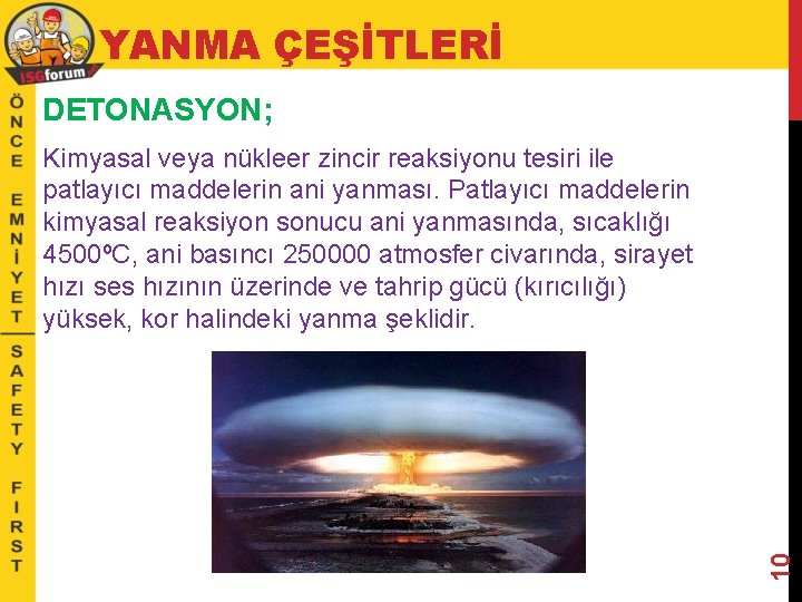 YANMA ÇEŞİTLERİ DETONASYON; 10 Kimyasal veya nükleer zincir reaksiyonu tesiri ile patlayıcı maddelerin ani