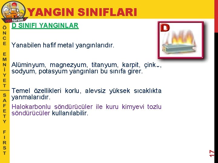 YANGIN SINIFLARI D SINIFI YANGINLAR Yanabilen hafif metal yangınlarıdır. Alüminyum, magnezyum, titanyum, karpit, çinko,