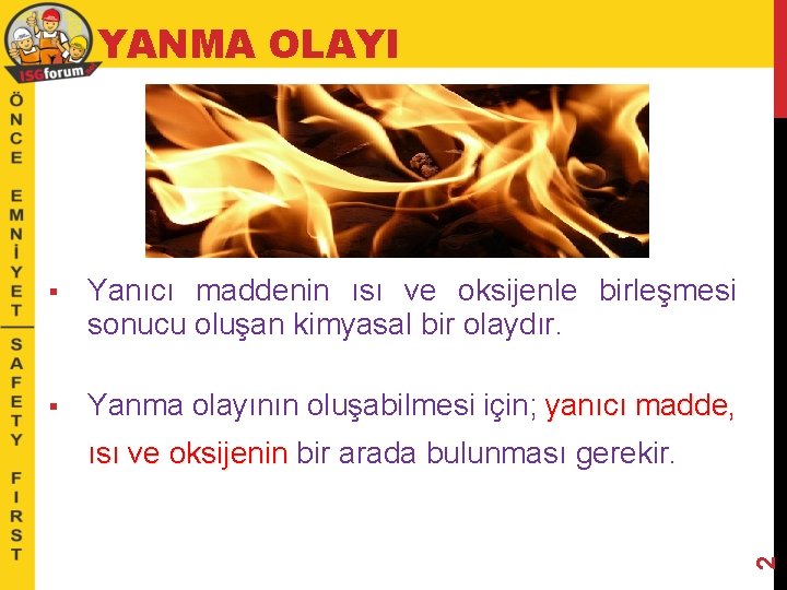 YANMA OLAYI § Yanıcı maddenin ısı ve oksijenle birleşmesi sonucu oluşan kimyasal bir olaydır.