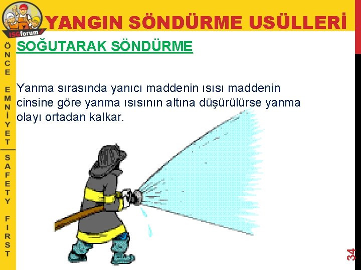 YANGIN SÖNDÜRME USÜLLERİ SOĞUTARAK SÖNDÜRME 34 Yanma sırasında yanıcı maddenin ısısı maddenin cinsine göre