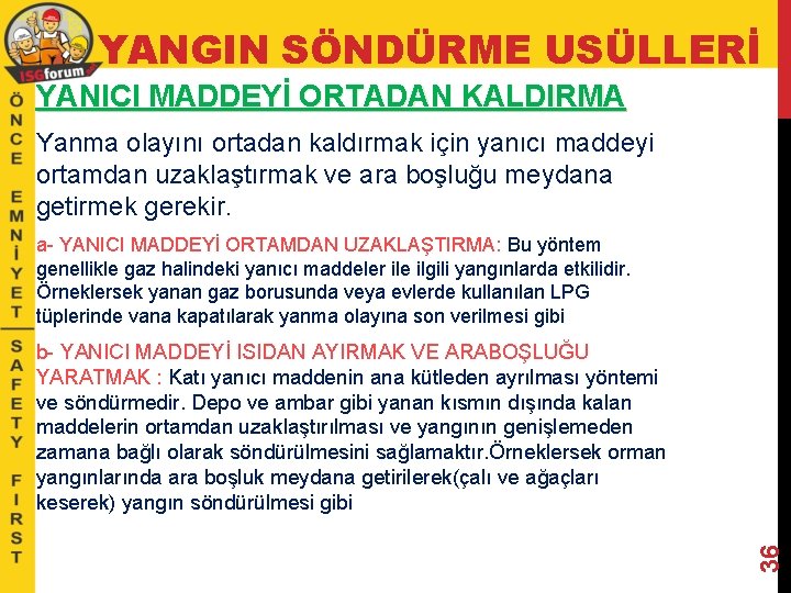 YANGIN SÖNDÜRME USÜLLERİ YANICI MADDEYİ ORTADAN KALDIRMA Yanma olayını ortadan kaldırmak için yanıcı maddeyi