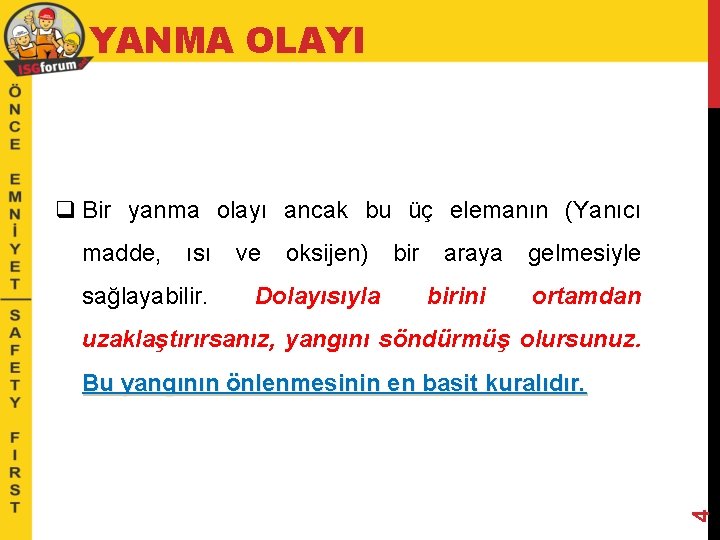 YANMA OLAYI q Bir yanma olayı ancak bu üç elemanın (Yanıcı madde, ısı sağlayabilir.