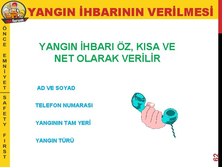 YANGIN İHBARININ VERİLMESİ YANGIN İHBARI ÖZ, KISA VE NET OLARAK VERİLİR AD VE SOYAD